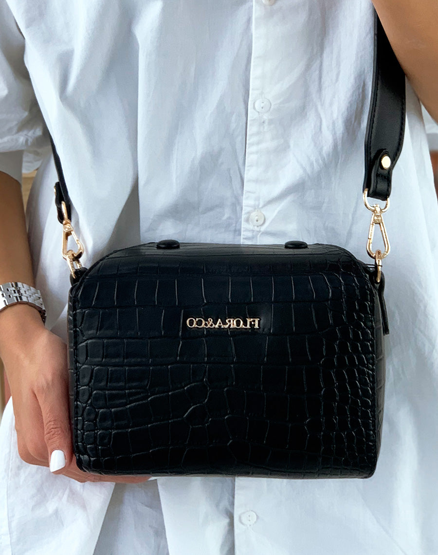 Pochette bandoulière carré effet croco noire