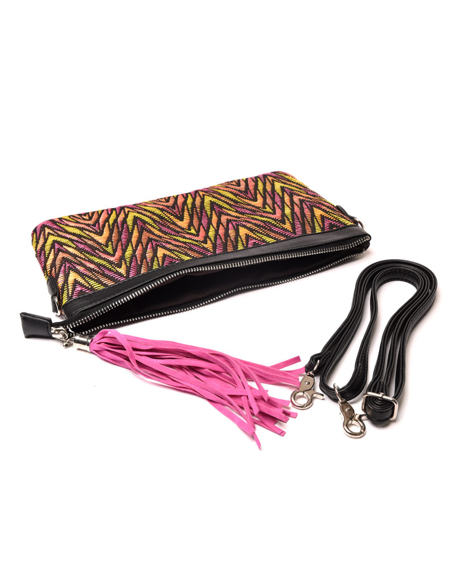 Pochette en tissus imprimés rose et jaune avec pompon