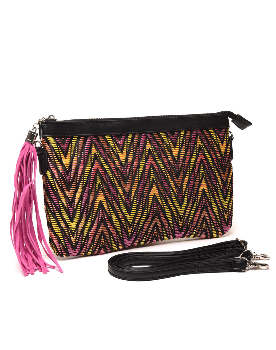 Pochette en tissus imprimés rose et jaune avec pompon