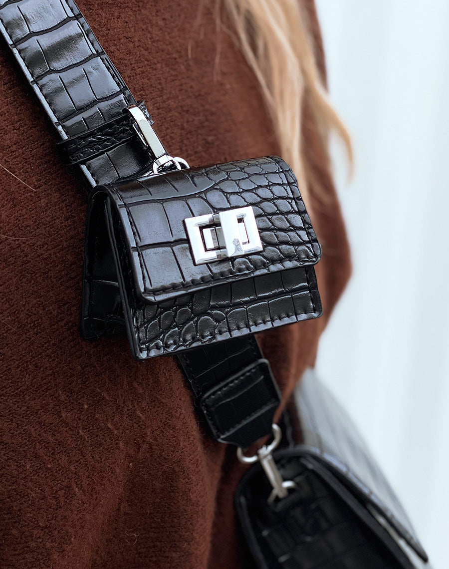 Pochette noire effet croco à mini-pochette