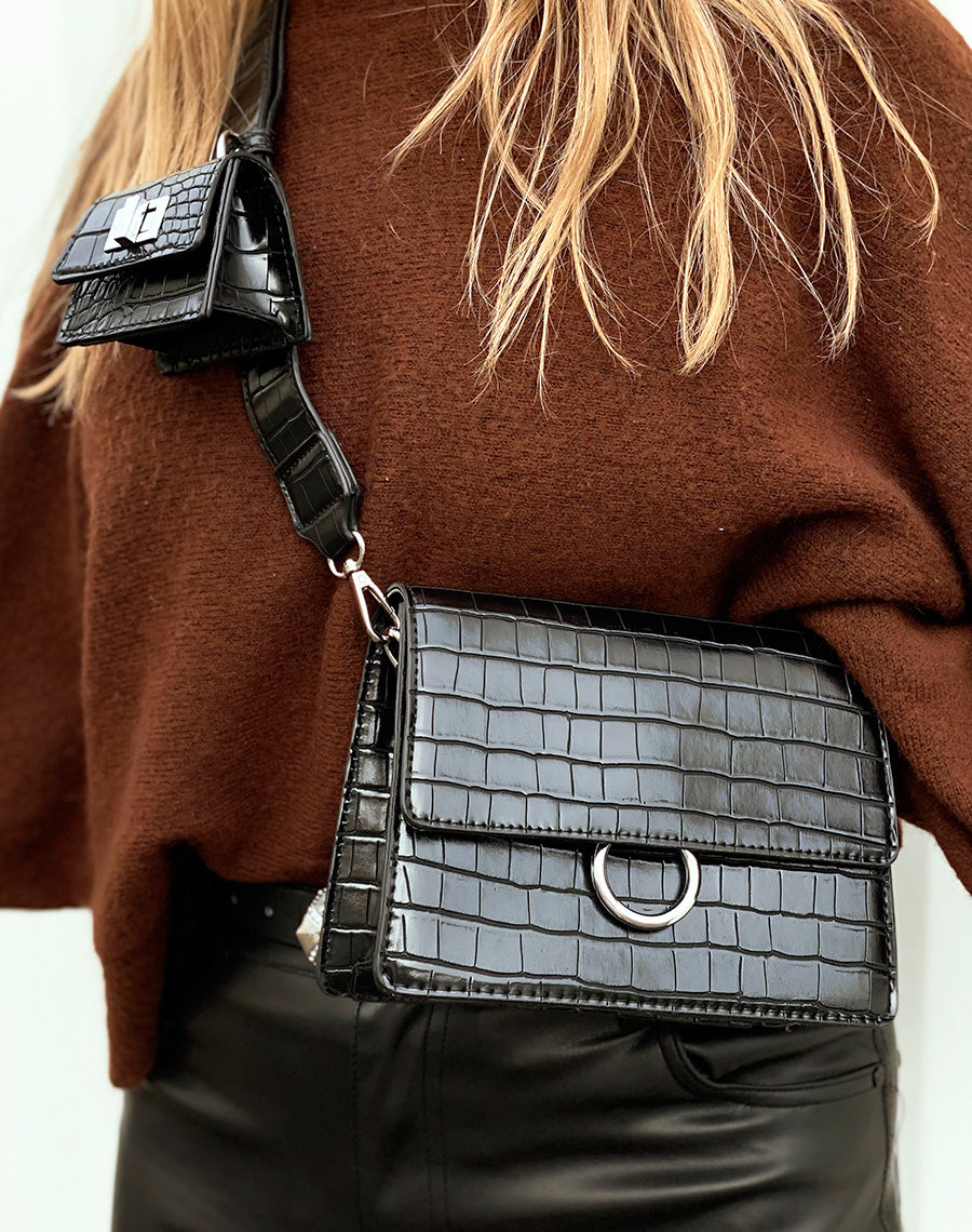 Pochette noire effet croco à mini-pochette