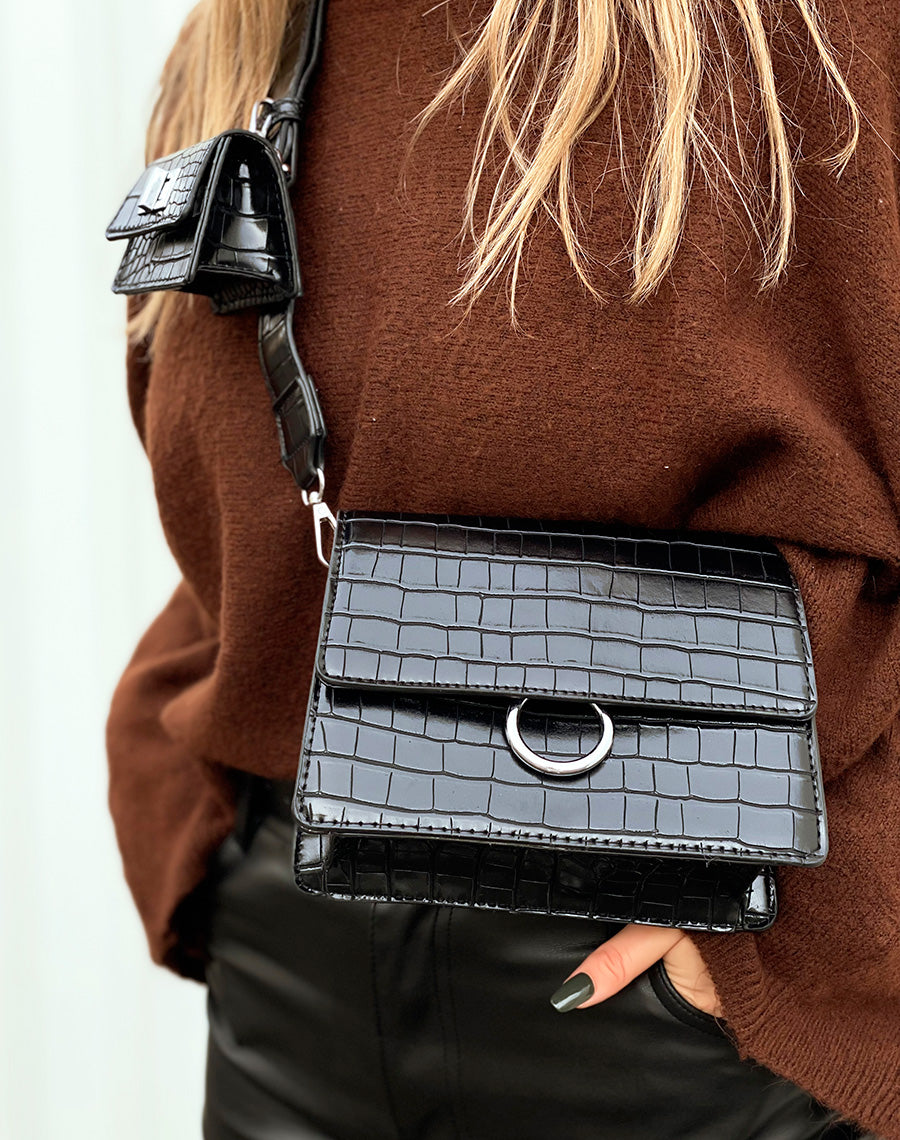 Pochette noire effet croco à mini-pochette