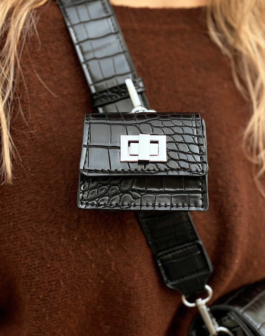 Pochette noire effet croco à mini-pochette