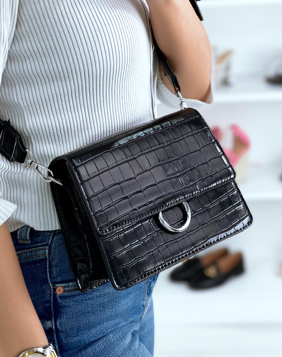 Pochette noire effet croco à mini-pochette