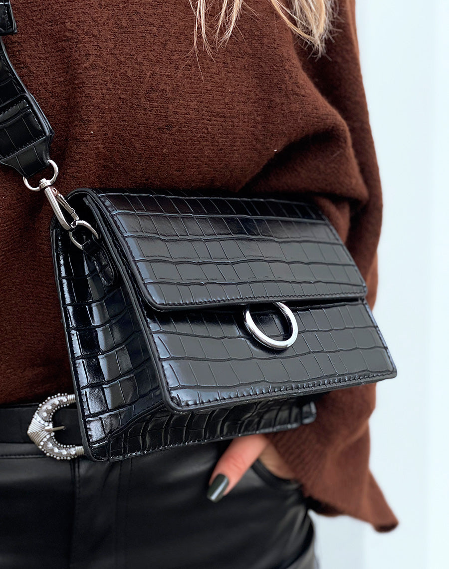 Pochette noire effet croco à mini-pochette