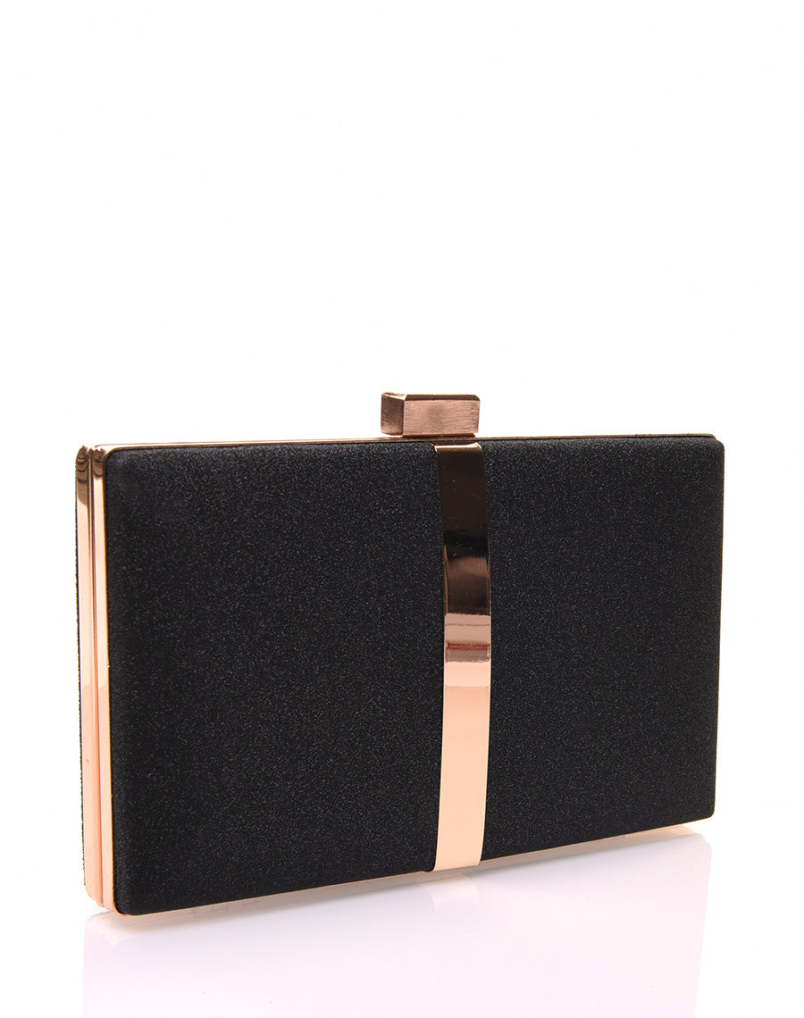 Pochette rigide en paillettes noires et détails dorés