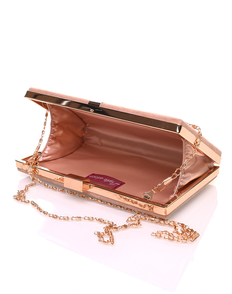 Pochette rigide en suédine beige et détails dorés
