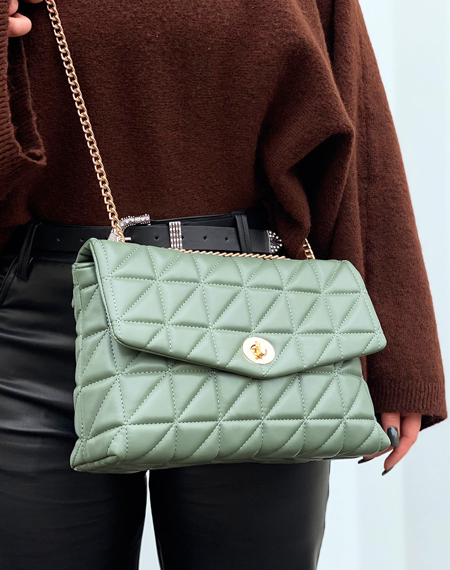 Pochette vert kaki matelassé à chaînes dorées