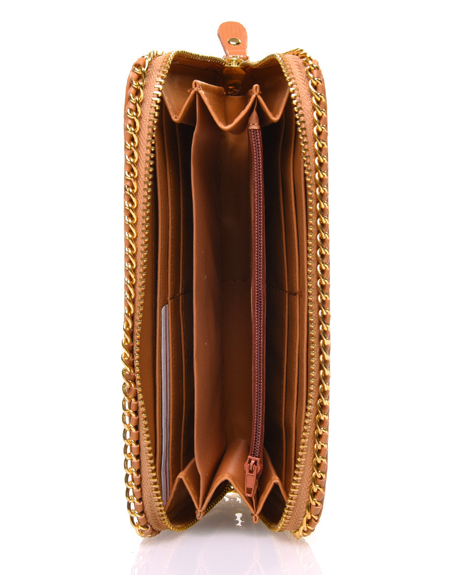 Porte feuille camel verni détails chaînes dorées