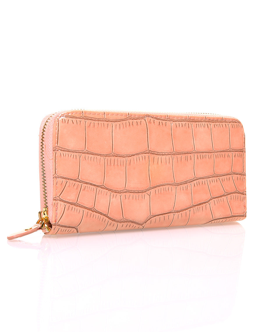Porte feuille rose poudré verni effet croco