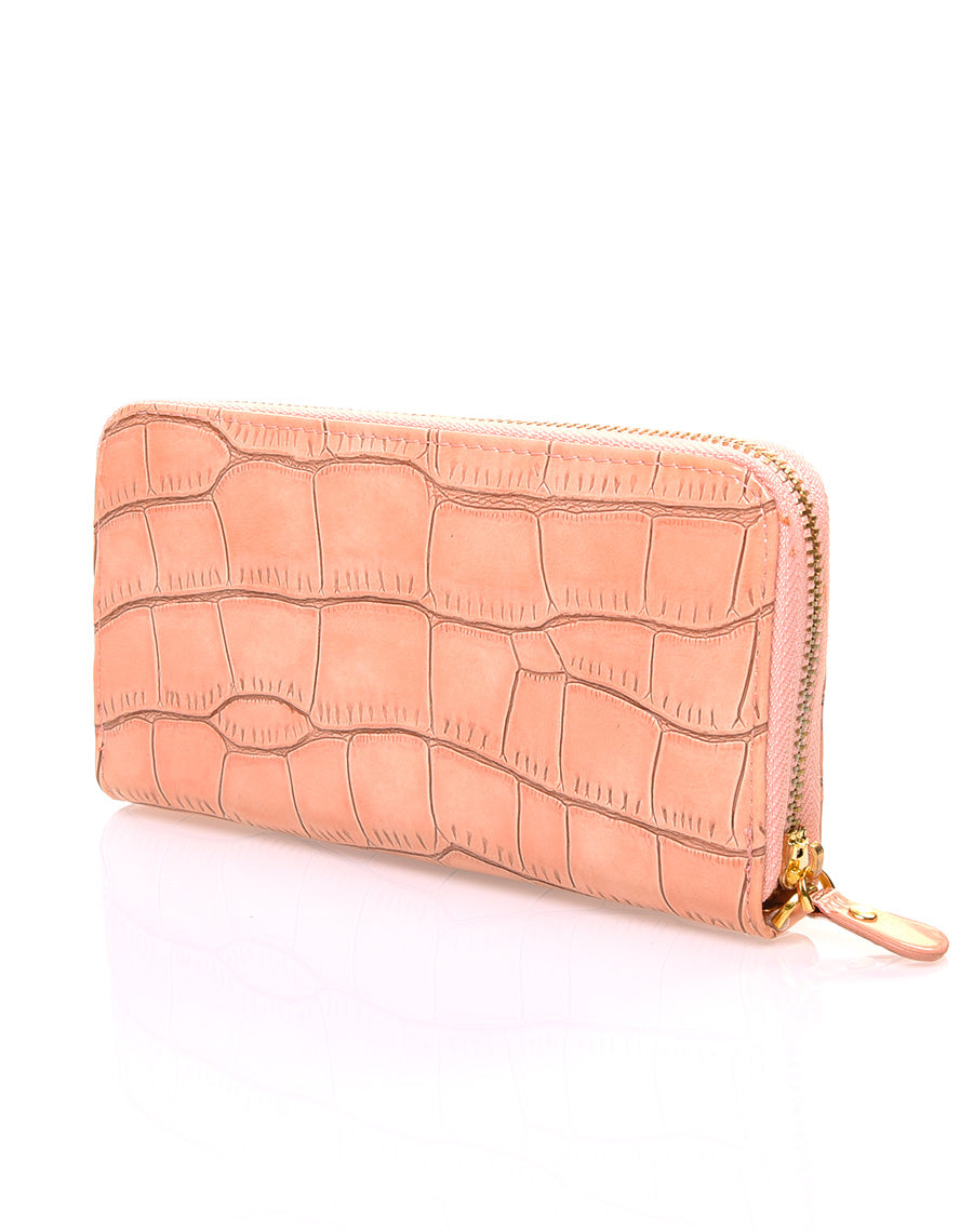 Porte feuille rose poudré verni effet croco