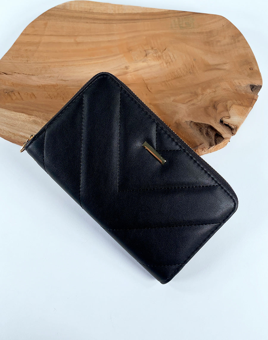 Portefeuille noir matelassé chevron