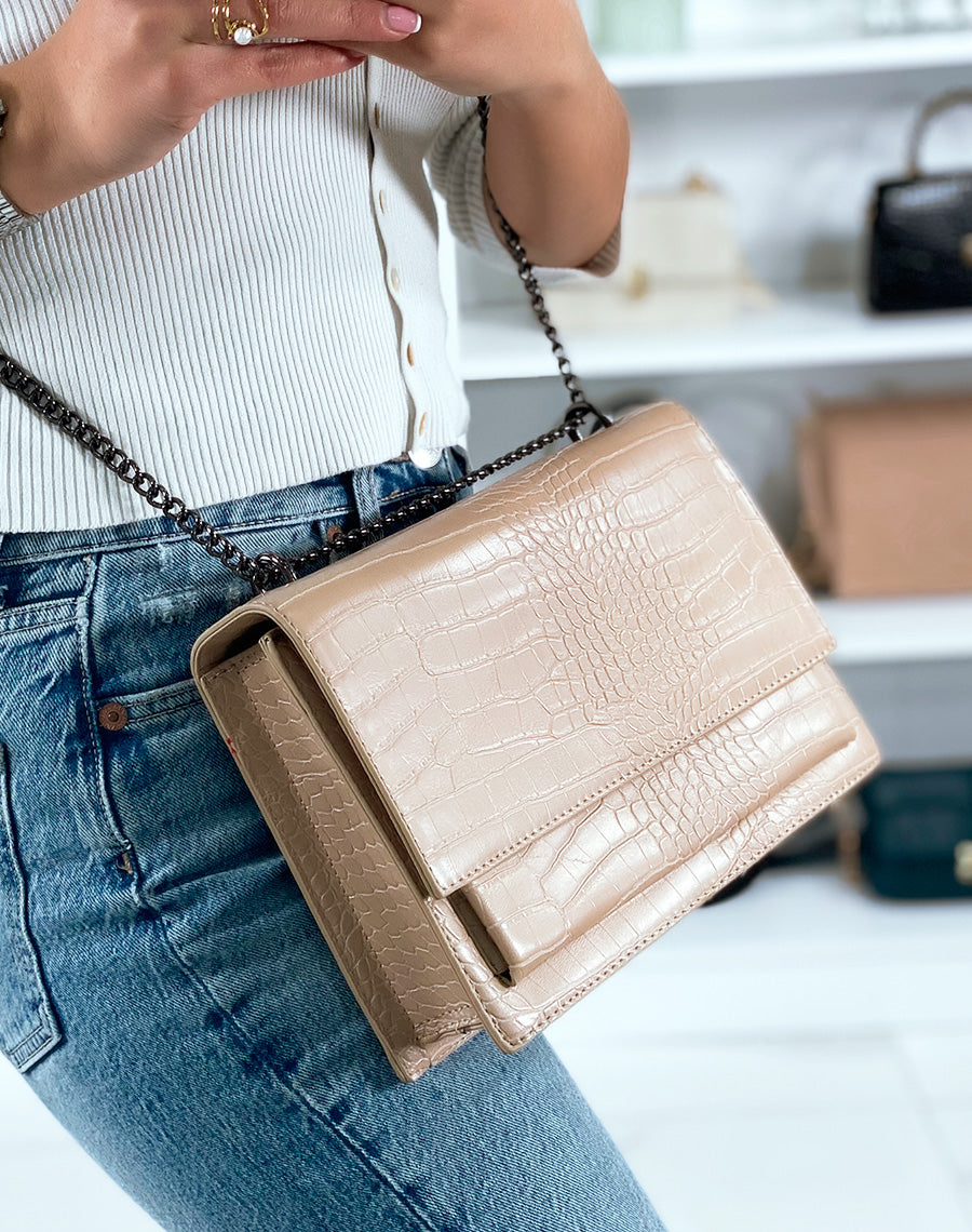 Sac bandoulière beige effet croco