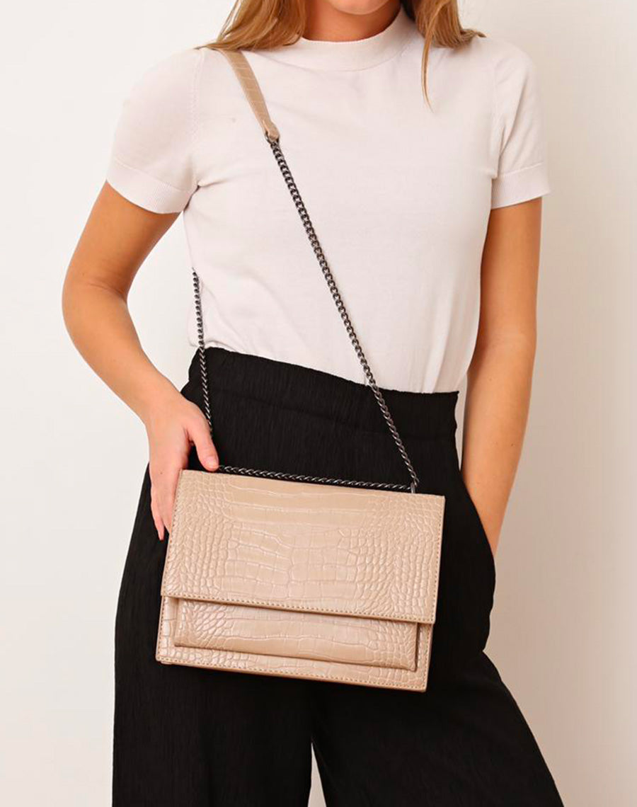 Sac bandoulière beige effet croco