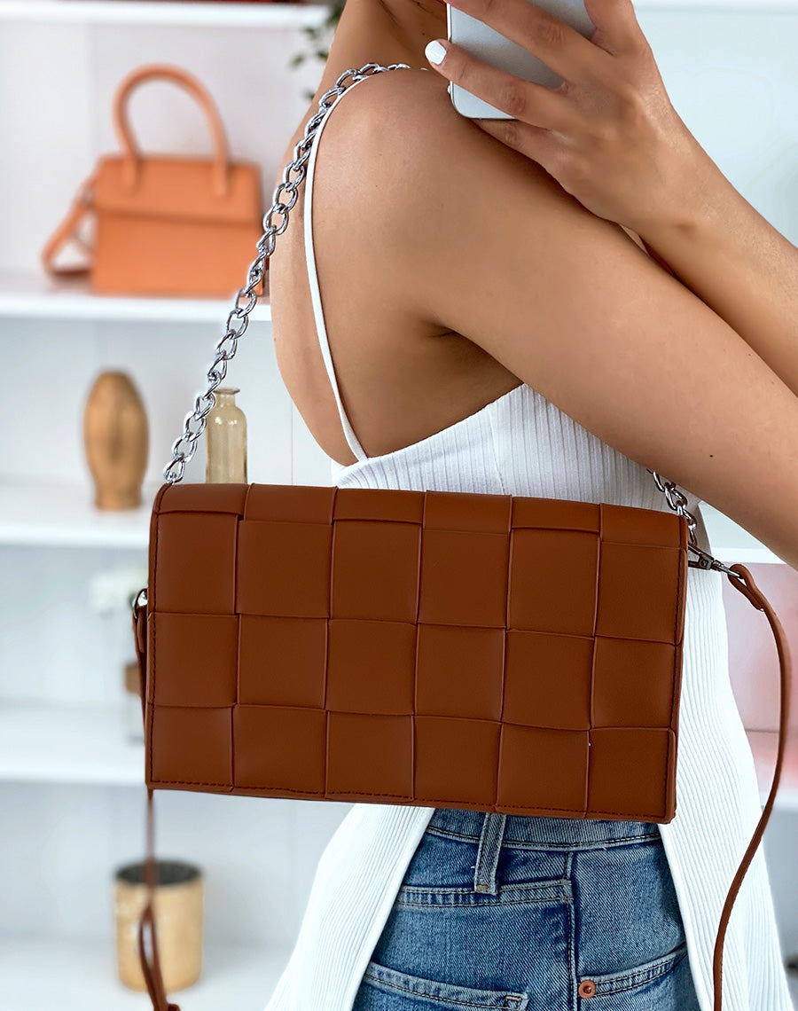 Sac bandoulière camel effet damier