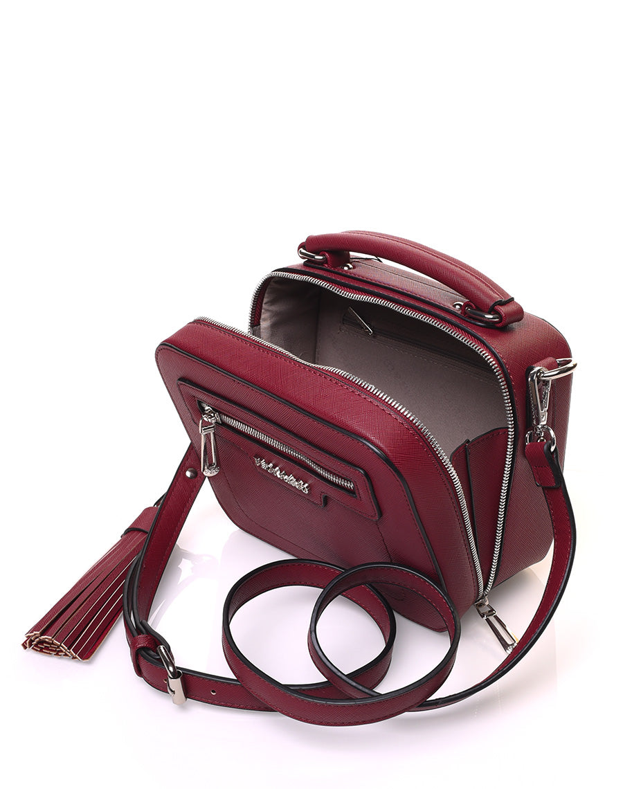 Sac bandoulière carré rigide type mallette bordeaux