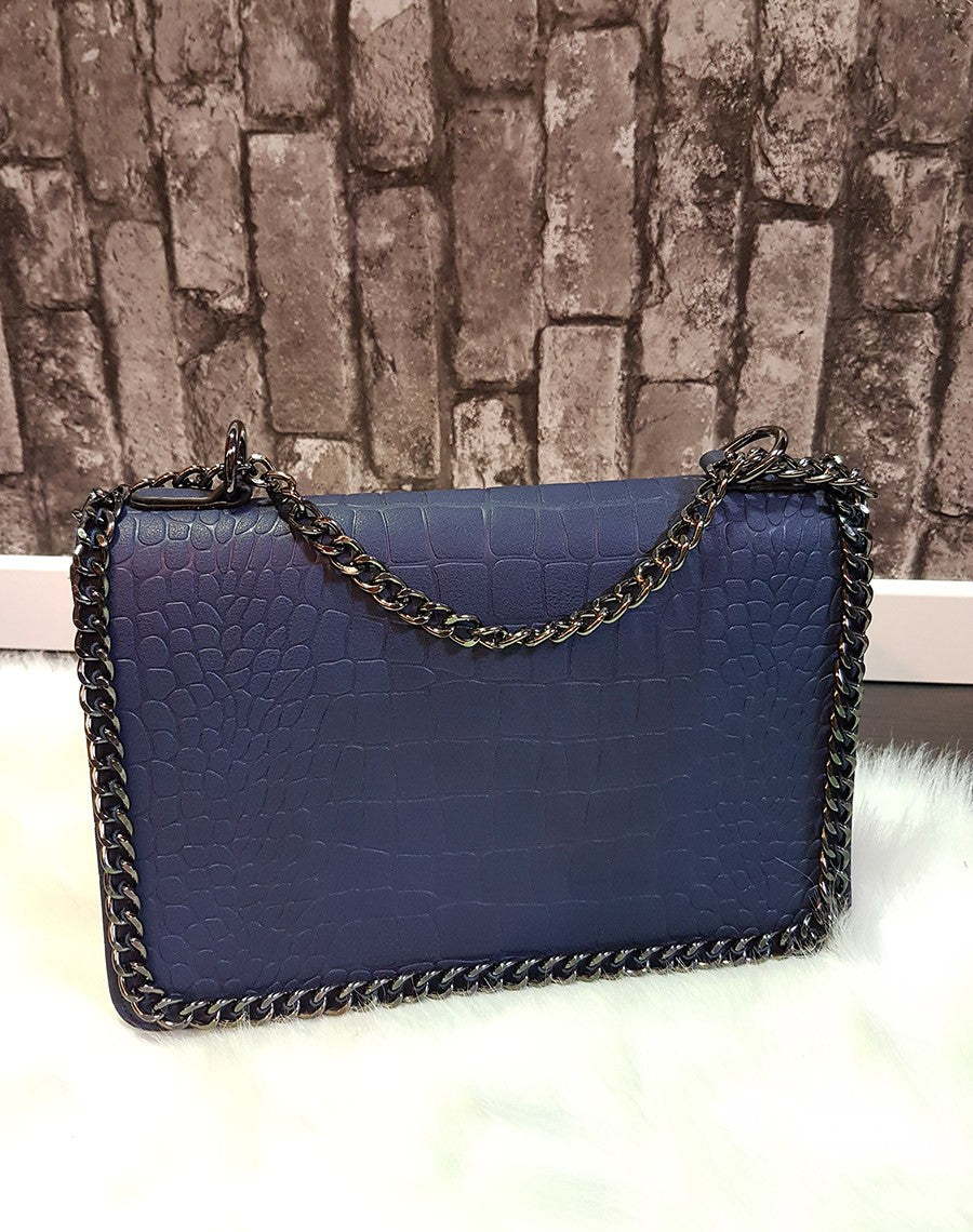 Sac bandoulière effet croco chaine bleu