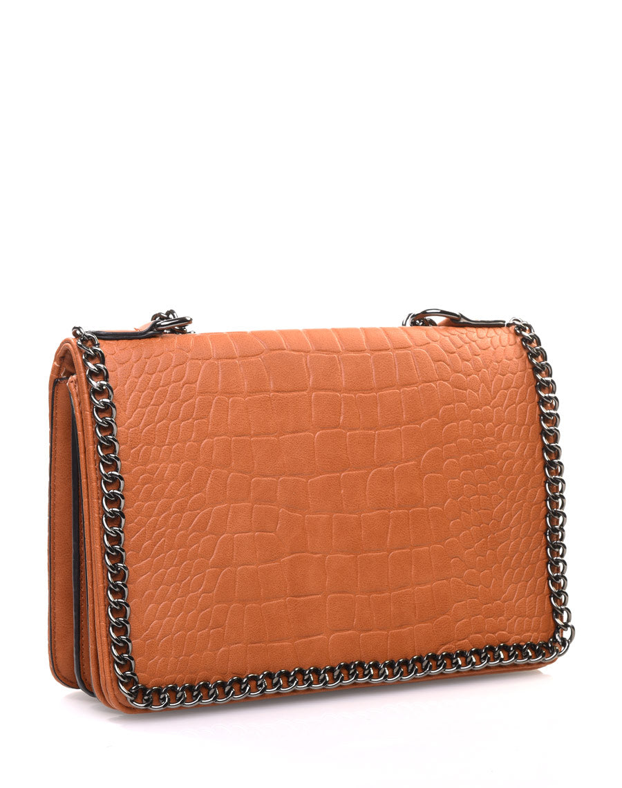 Sac bandoulière effet croco chaine camel