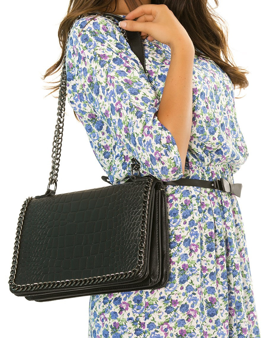 Sac bandoulière effet croco chaine noir