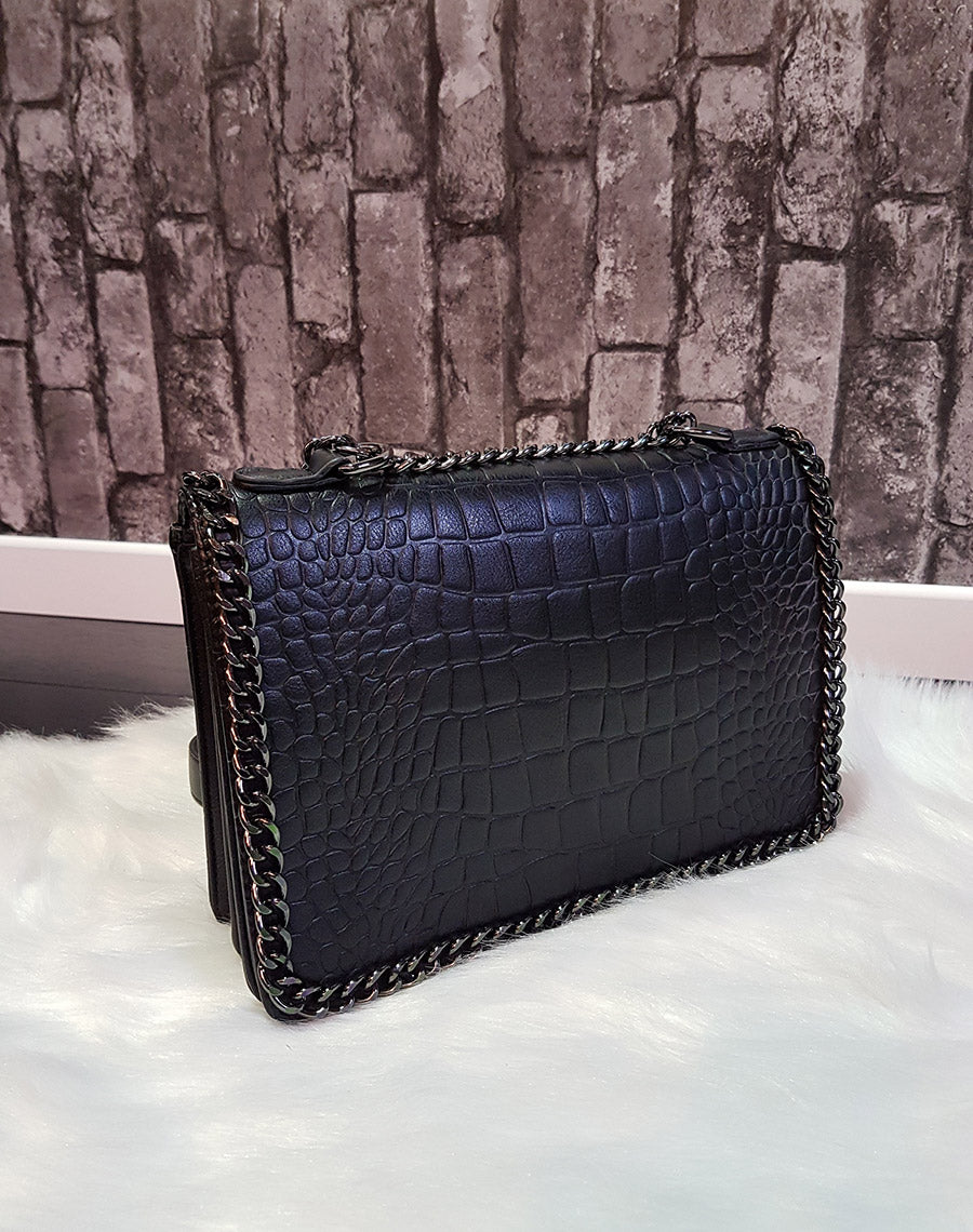 Sac bandoulière effet croco chaine noir