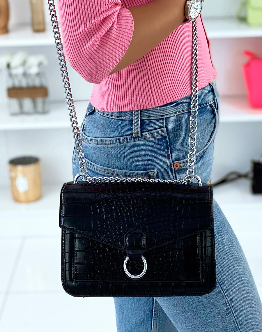 Sac bandoulière effet croco noir