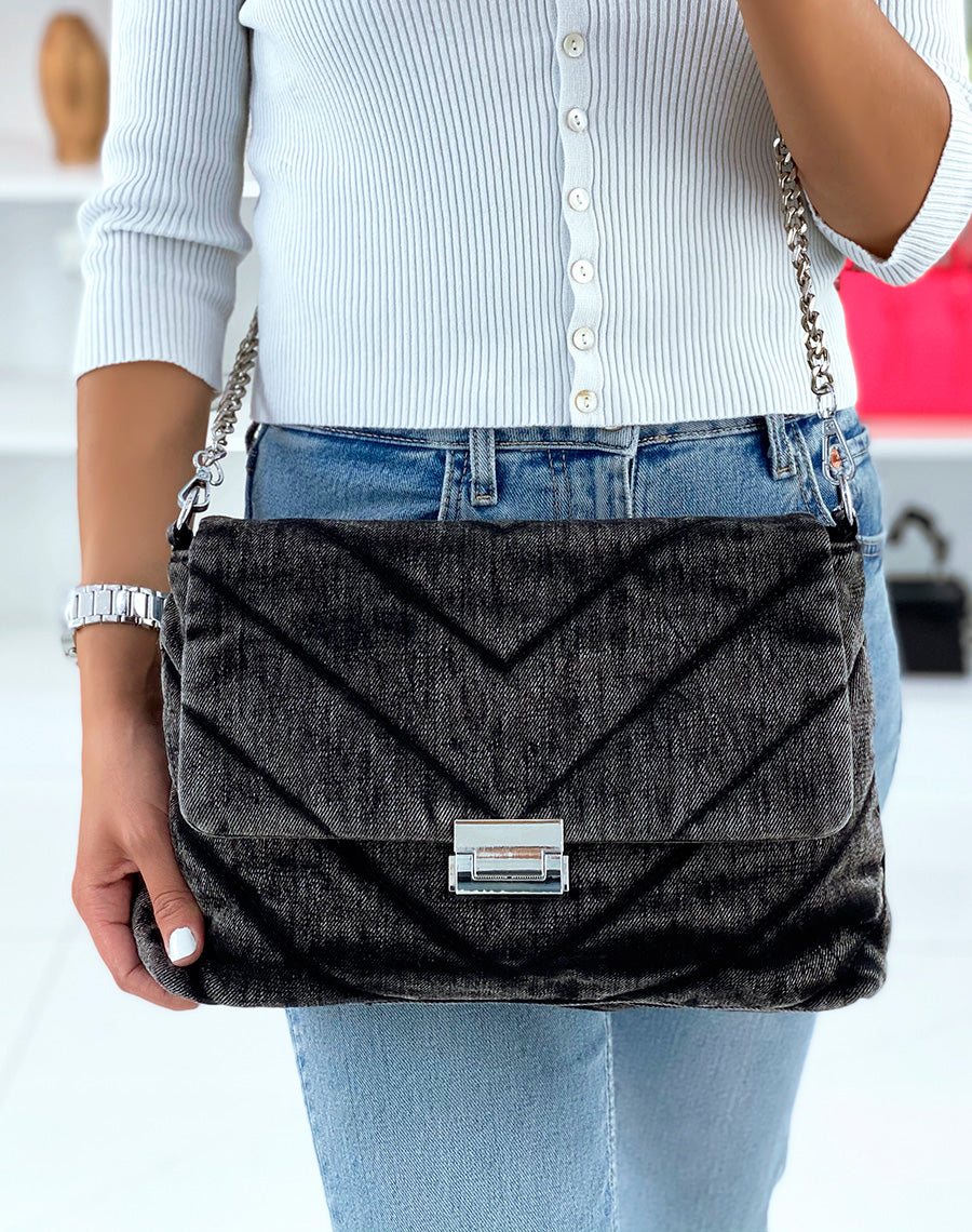 Sac bandoulière jean noir matelassé grand format
