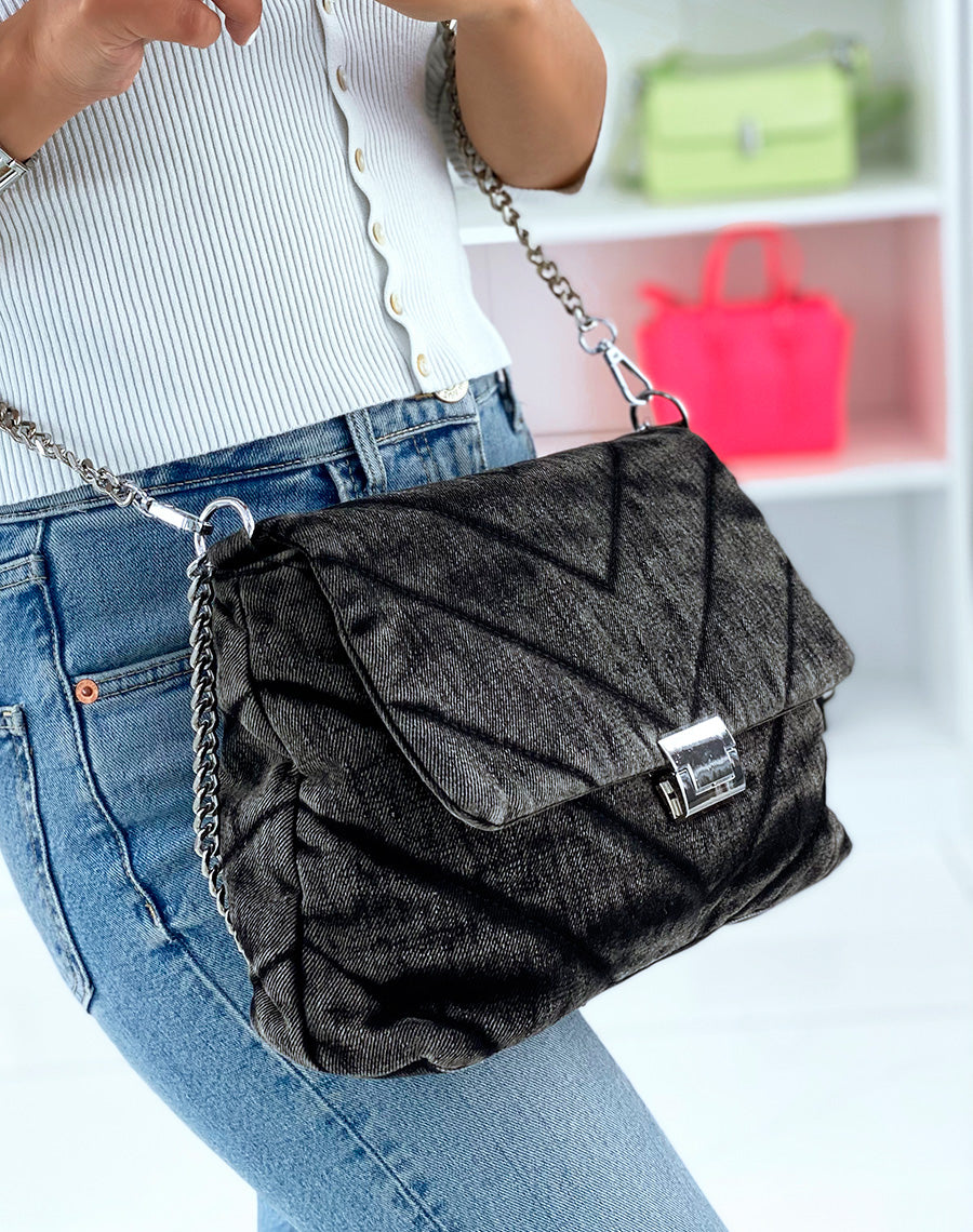 Sac bandoulière jean noir matelassé grand format