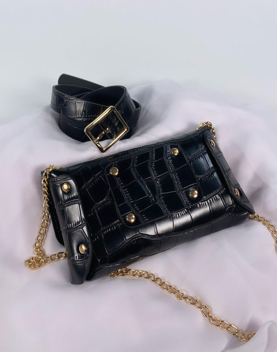 Sac bandoulière noir effet croco