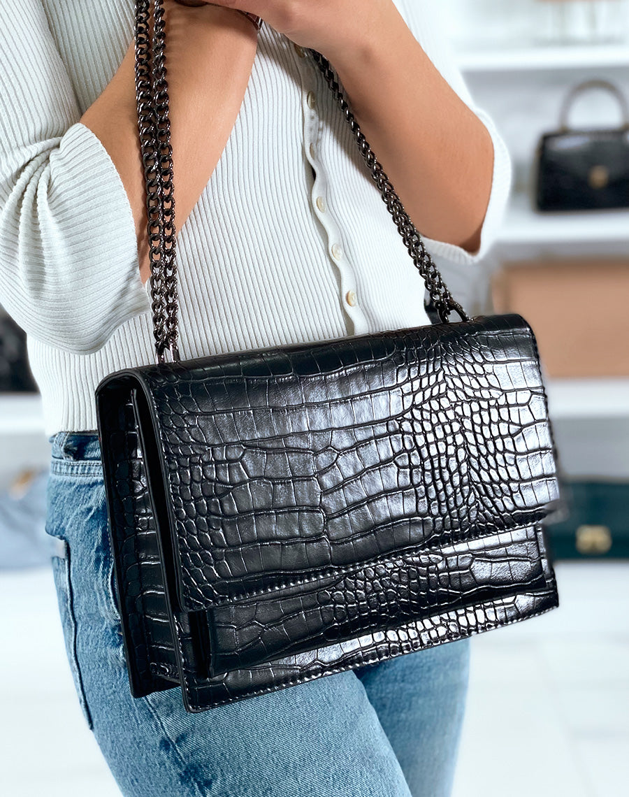 Sac bandoulière noir effet croco