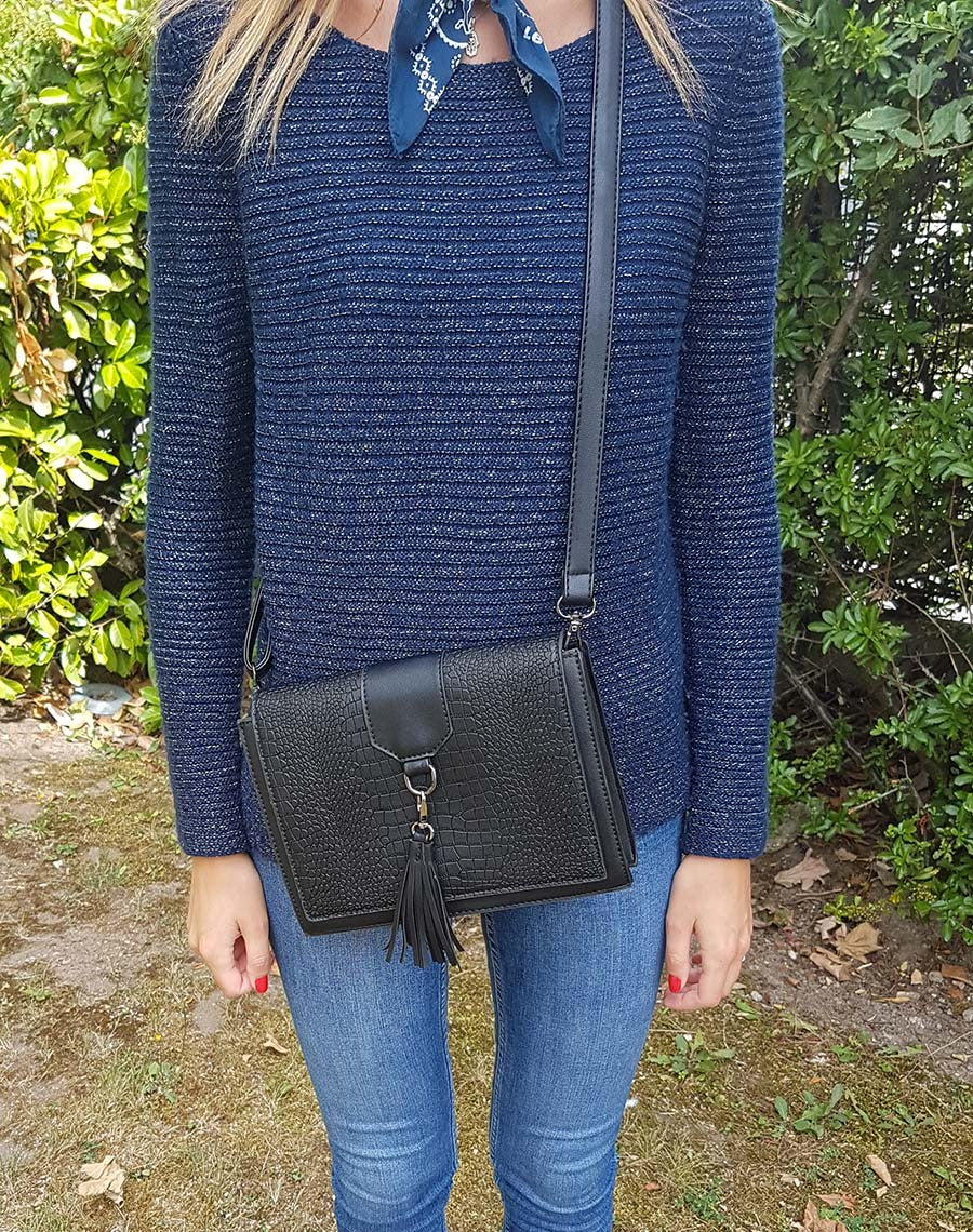 Sac bandoulière noir effet croco