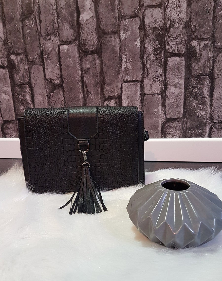 Sac bandoulière noir effet croco