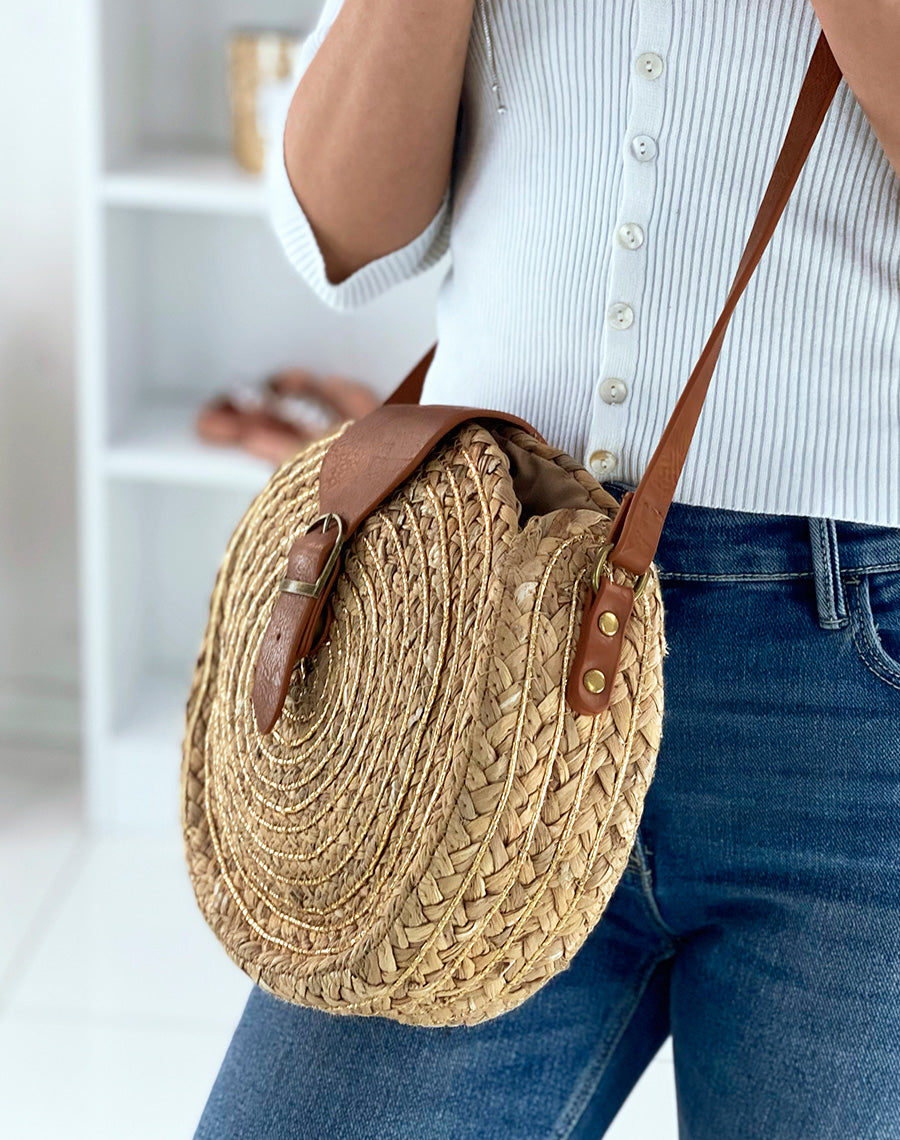Sac bandoulière rond en paille