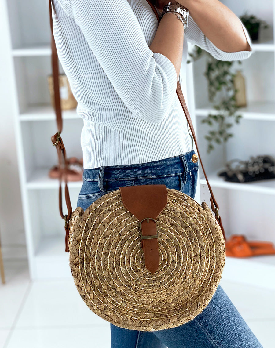 Sac bandoulière rond en paille