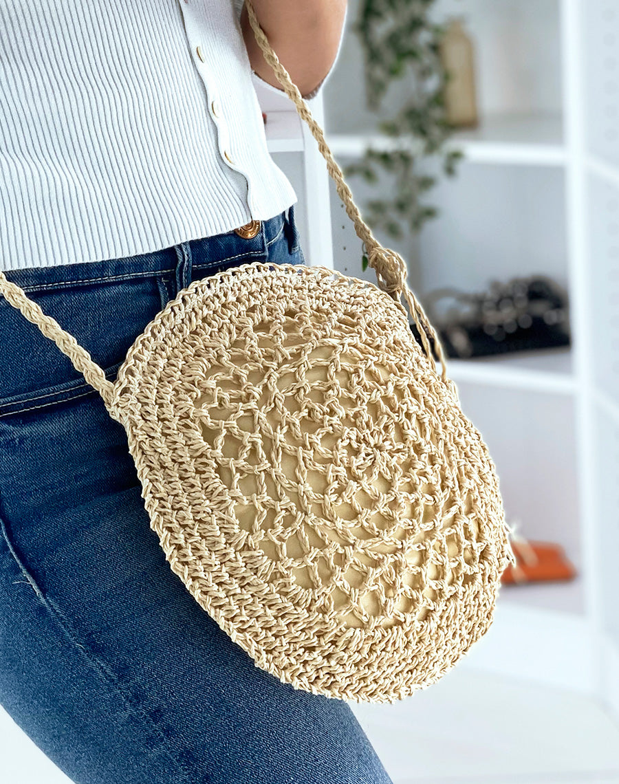 Sac bandoulière rond en paille beige