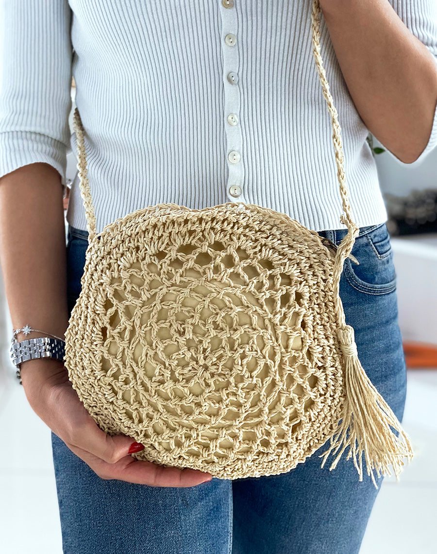 Sac bandoulière rond en paille beige