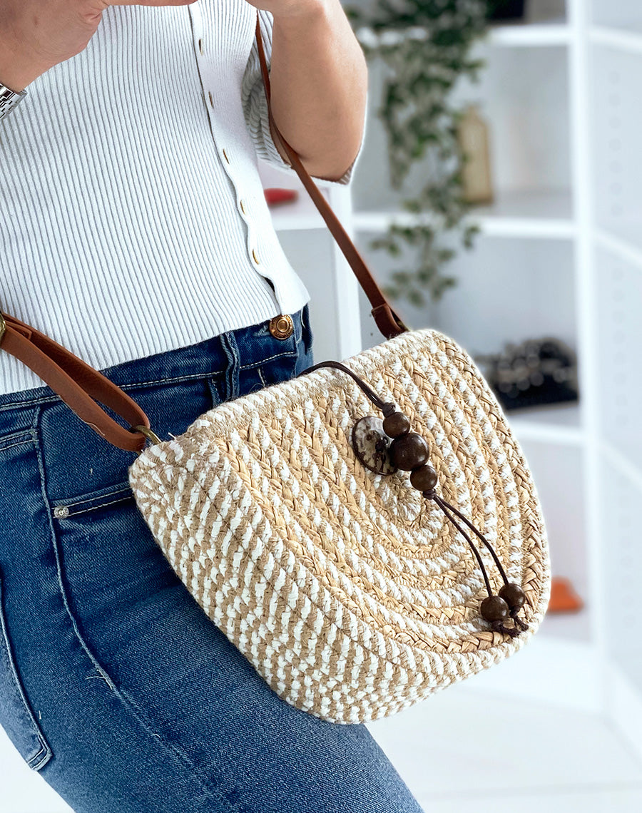 Sac besace en paille tressé bicolore