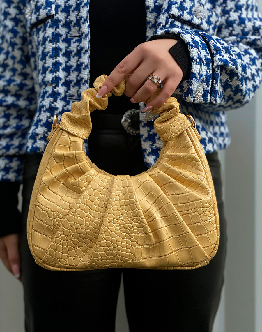 Sac besace jaune effet croco plissé
