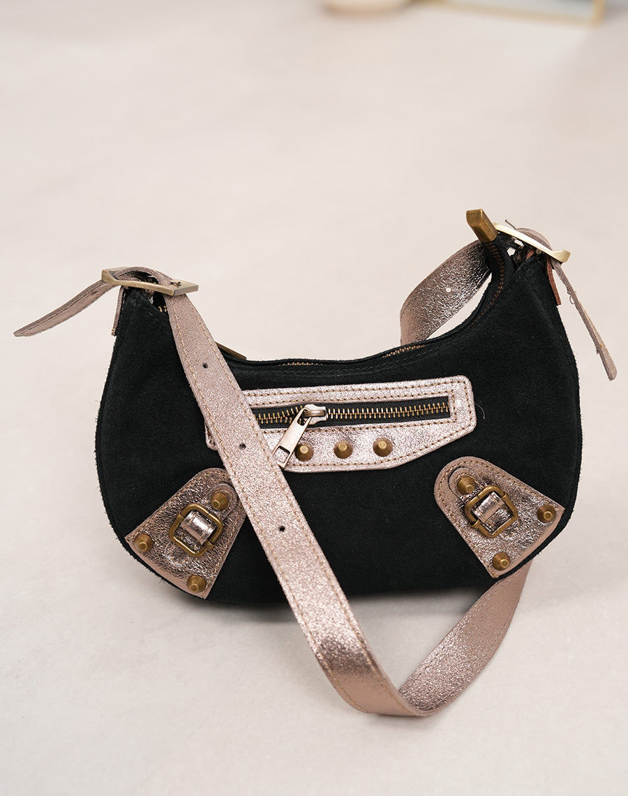 Sac besace mini en cuir daim noir et détails bronze
