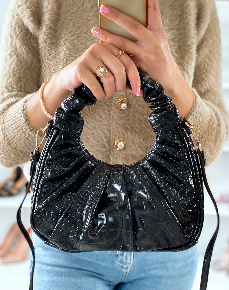 Sac besace noir effet croco plissé