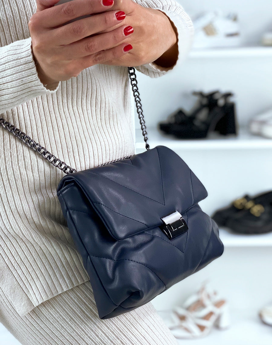 Sac bleu nuit matelassé effet mat à bandoulières chaînes