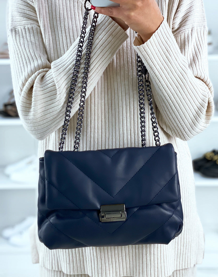 Sac bleu nuit matelassé effet mat à bandoulières chaînes