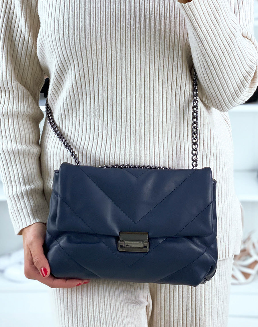 Sac bleu nuit matelassé effet mat à bandoulières chaînes