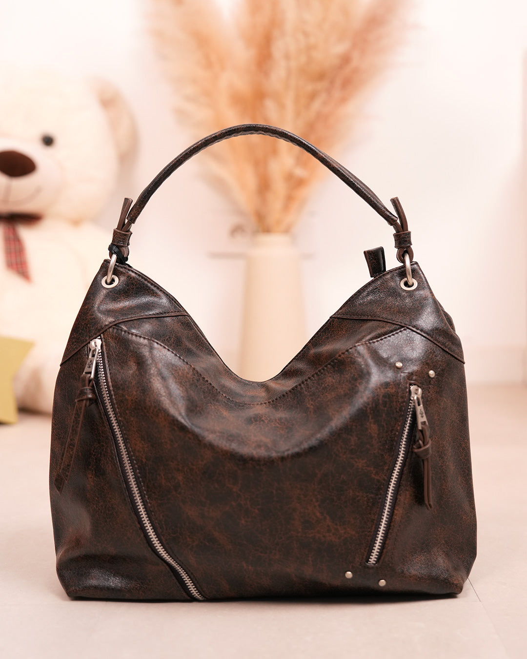 Sac cabas besace marron foncé effet délavé