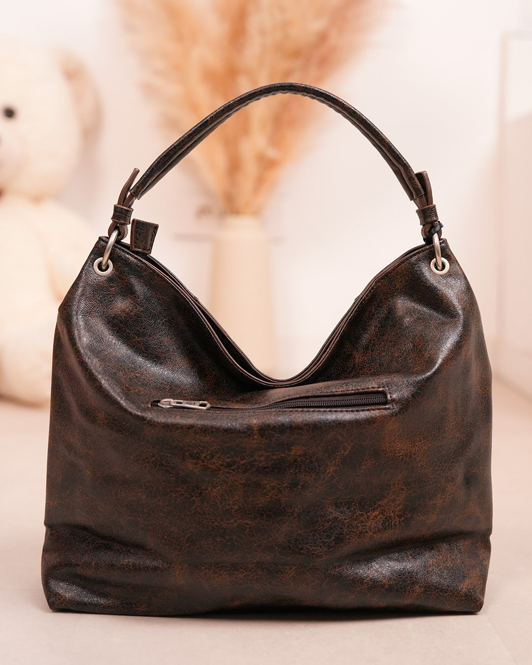 Sac cabas besace marron foncé effet délavé