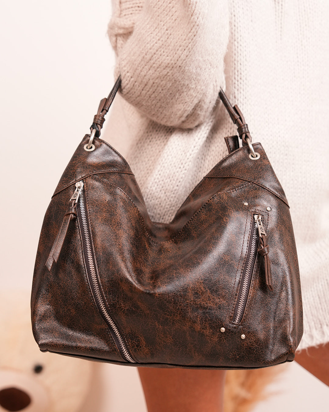 Sac cabas besace marron foncé effet délavé