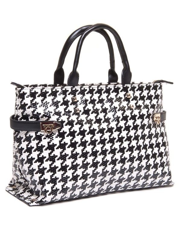 Sac cabas noir et blanc motif pied de poule avec clous et brides