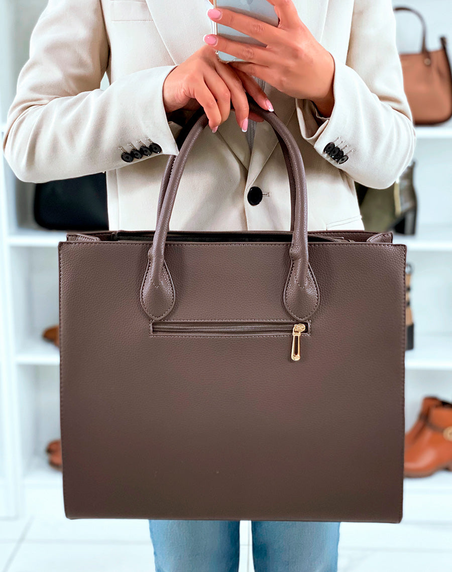 SAC CABAS TAUPE FONCÉ PRATIQUE ET GLAMOUR