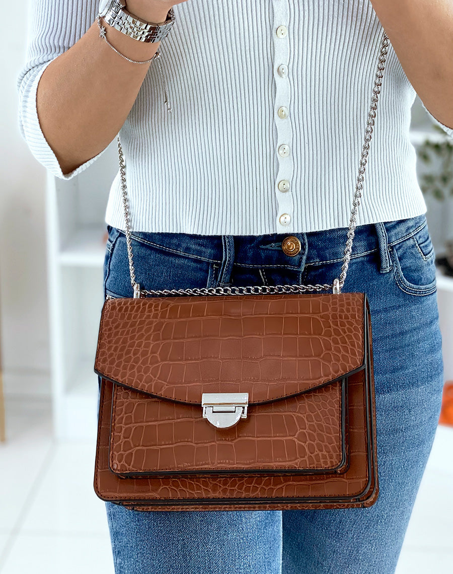 Sac camel effet croco à bandoulière en chaine argentée