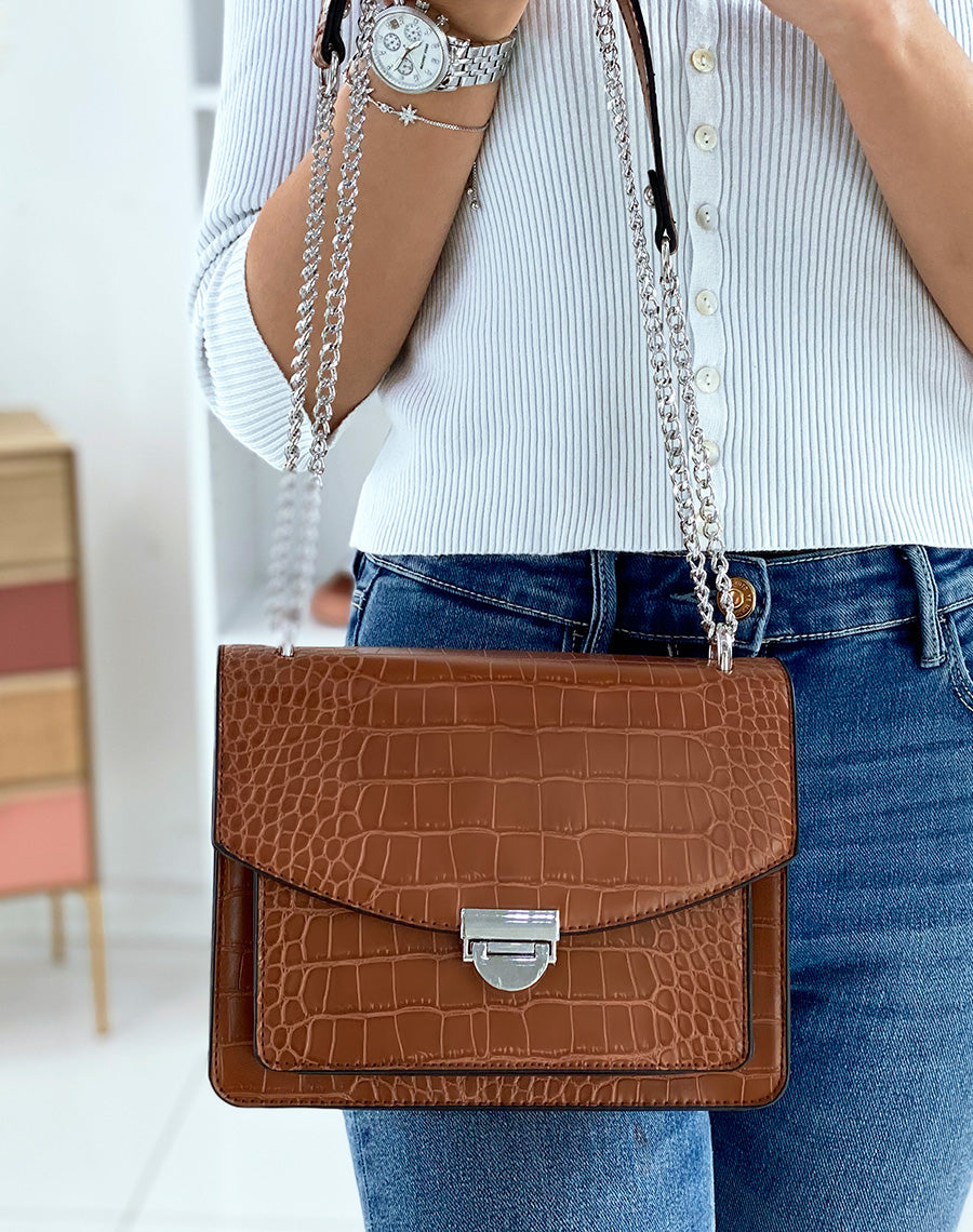 Sac camel effet croco à bandoulière en chaine argentée