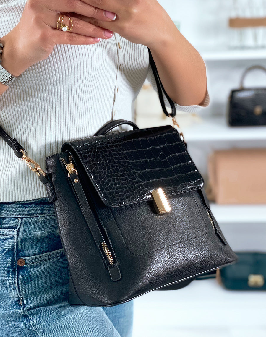 Sac à dos noir bi-matière effet croco à détail doré